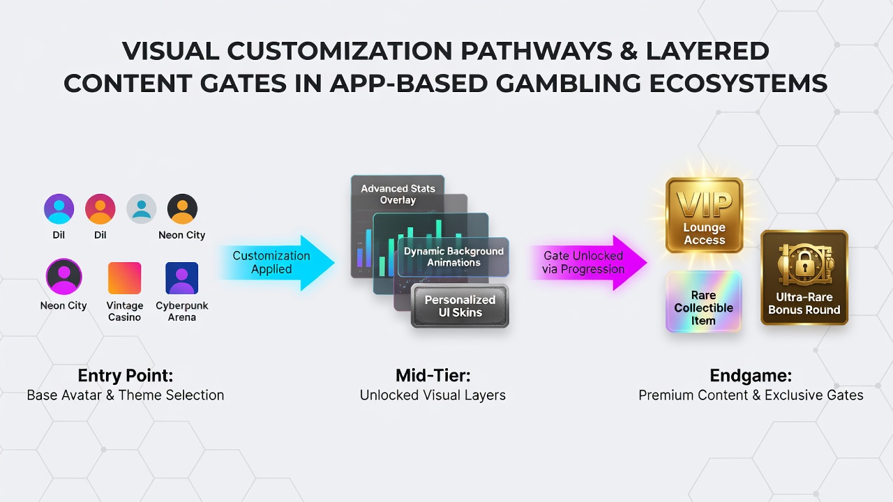 Diagram illustrating how visual customization steps connect to successive content gates within gambling apps