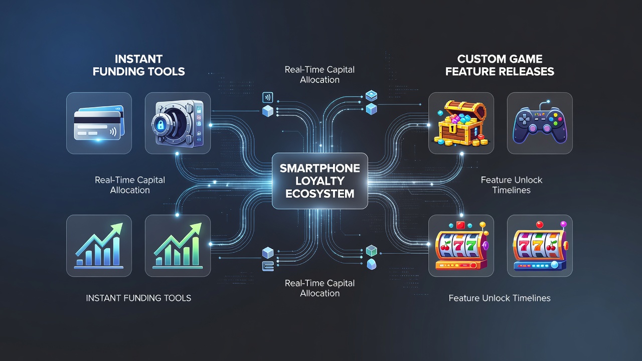 Mobile app dashboard illustrating loyalty tier progression tied to instant funding and custom game unlocks