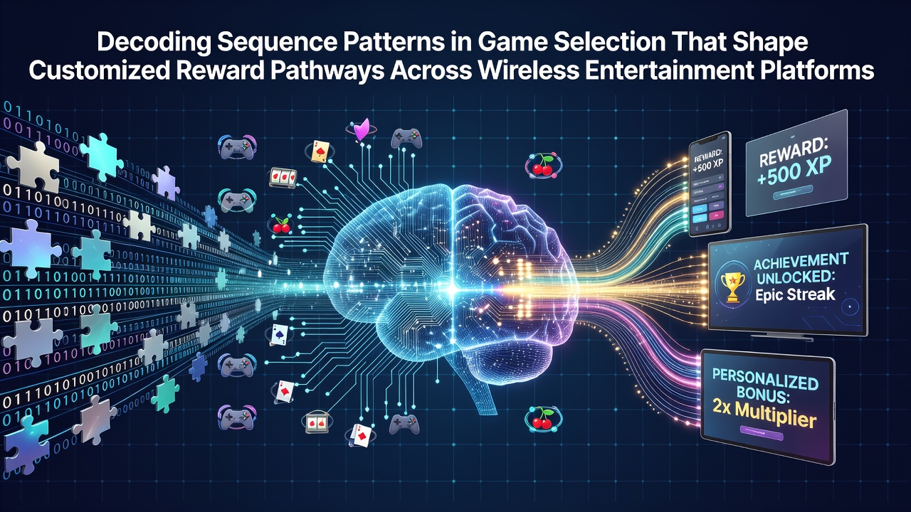 Wireless entertainment platform interface displaying game selection sequences and reward pathways on a mobile device