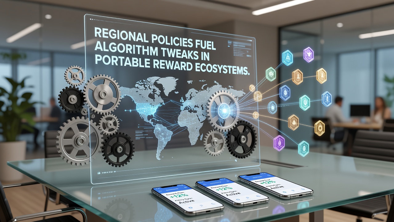 Mobile device displaying reward ecosystem interface with regional policy overlays and algorithmic adjustments visualized