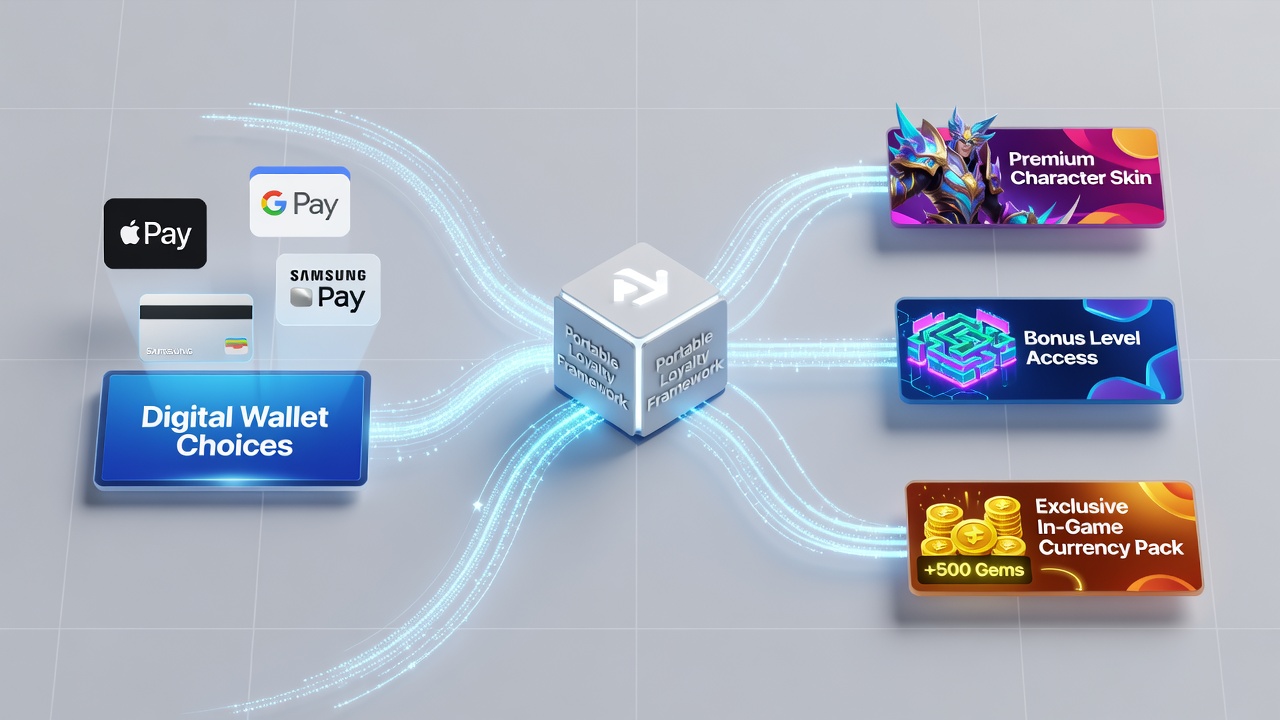 Digital wallet interfaces displayed on mobile devices connected to loyalty program dashboards showing game unlock progressions